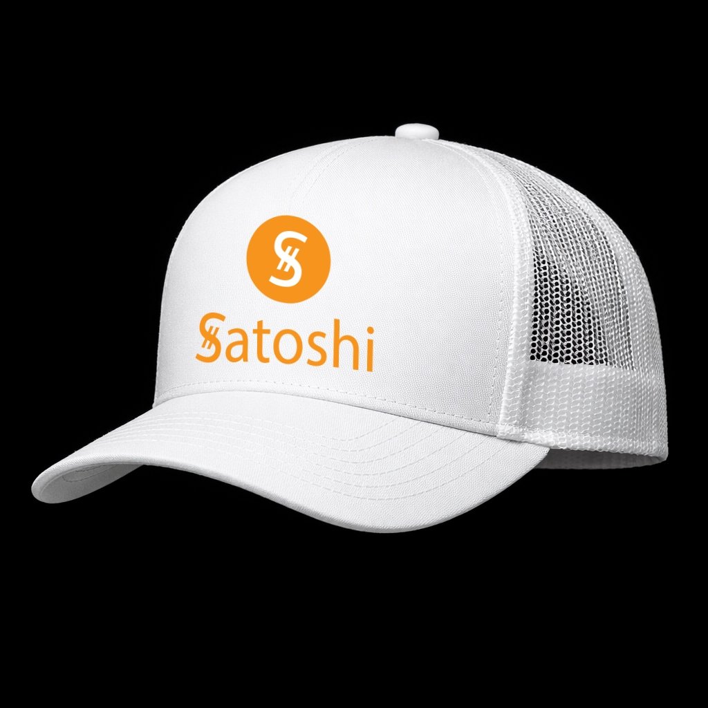 White trucker hat with Satoshi logo